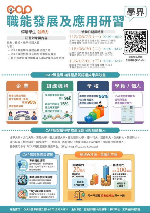 勞動部勞動力發展署115年「職能發展及應 用研習-學校場次」研習